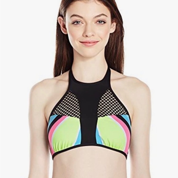 The Bikini Lab Dancing in The Beat Cropped High-Neck Bikini Top with Mesh Inset - Picture 2 of 6